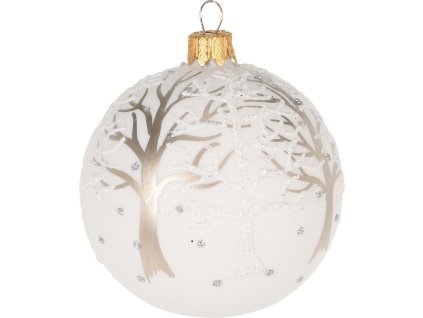 27248 2 bila sklenena vanocni koule s trpytivym motivem opadaneho jehlicnateho stromecku