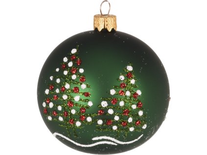 27269 2 sklenena vanocni koule se zelenym zakladem a zelenymi jehlicnany s bilymi a cervenymi vanocnimi koulemi