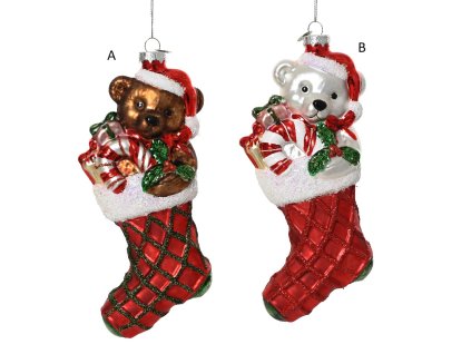 Vánoční ozdoba MÉĎA V PUNČOŠE, 10,9x5,5x18,5 cm, 2 druhy, KSD