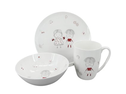 26834 porcelanovy detsky jidelni set little boy talir miska a hrnek s motivem chlapecka v cervenych akcentech