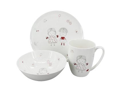 26837 porcelanovy detsky jidelni set little girl talir miska a hrnek s motivem holcicky a hravymi cervenymi doplnky