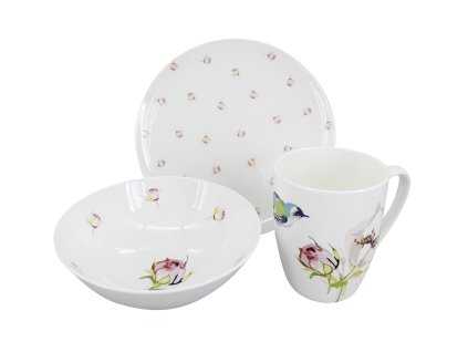 27632 tridilny snidanovy porcelanovy set luna poetica talir miska hrnek s motivem ruzi a barevneho ptacka
