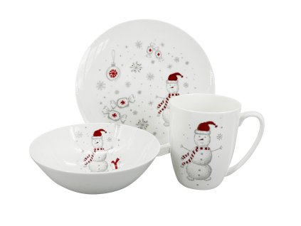 27635 kompletni detska jidelni sada koleda talir miska a hrnek z bileho porcelanu s vanocnim motivem snehulaka