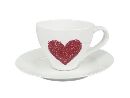 27638 bily porcelanovy salek s podsalkem elano heart a 200 ml s plnym huste spletenym cervenym motivem srdce