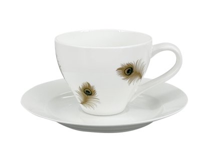 27644 bily porcelanovy salek s podsalkem elano pavone 200 ml zdobeny motivem nekolika malych rozptylenych pavich pericek