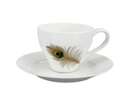 27647 bily porcelanovy salek s podsalkem elano pavone 200 ml zdobeny velkym motivem paviho peri na jedne strane a mensim perickem na druhe