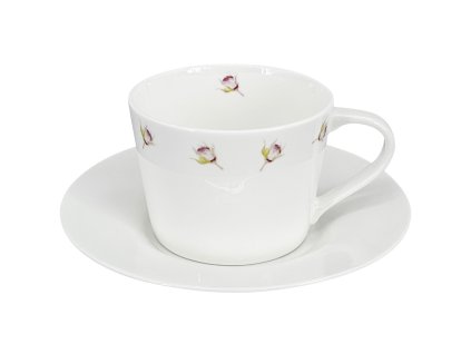27650 bily porcelanovy salek s podsalkem verto poetica 150 ml s obvodovym dekorem drobnych ruzovych poupat