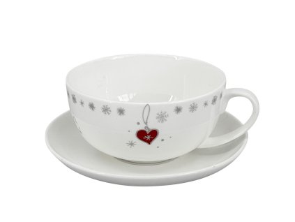 27698 5 bily porcelanovy salek s podsalkem luna koleda 250 ml s motivem cerveneho vanocniho srdicka a stribrnych snehovych vlocek
