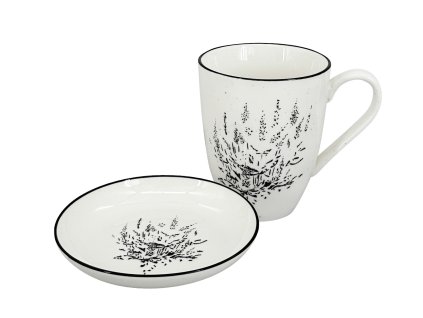 27722 set 2 ks kropenaty porcelanovy hrnek 450 ml s motivem lucnich bylin a ptacka a ciste bila misticka s cernou linkou