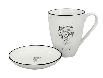 27707 set 2 ks kropenaty porcelanovy hrnek 450 ml s kresbou hlavy lamy c s vlasy pres oci a ciste bila misticka s cernou linkou