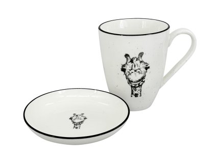 27710 set 2 ks kropenaty porcelanovy hrnek 450 ml s motivem zirafi hlavy a ciste bila misticka s cernou linkou a motivem zirafy