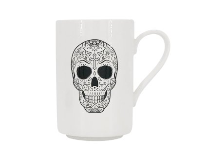 27740 bily porcelanovy hrnek 400 ml s detailni cernobilou kresbou mexicke lebky s ornamentem krize na cele
