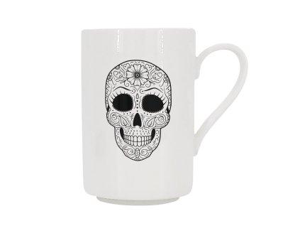 27734 bily porcelanovy hrnek 400 ml s detailni cernobilou kresbou mexicke lebky s ornamentem kvetiny na cele