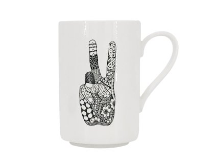 27731 bily porcelanovy hrnek 400 ml s velkym cernobilym motivem gesta vitezstvi victory vyplnenym patchworkovymi vzory