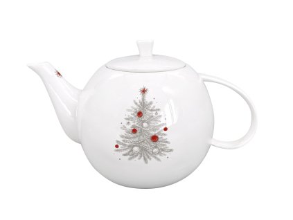 27413 bila porcelanova konvice luna koleda 1100 ml s sedym motivem vanocniho stromku ozdobeneho cervenymi bankami
