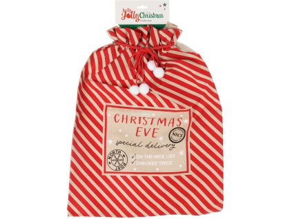 28178 1 velky vanocni pytel na darky 50x70cm s cervenymi diagonalnimi pruhy a prirodnim jutovym pozadim pytel ma potisk christmas eve special delivery a je stazen cervenou snurou s bilymi pompony