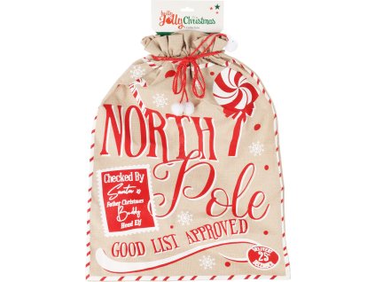 28181 1 velky vanocni pytel na darky 50x70cm v prirodnim jutovem vzhledu s cervenymi napisy north pole good list approved a motivy bonbonu pytel je stazen cervenou snurou s bilymi pompony