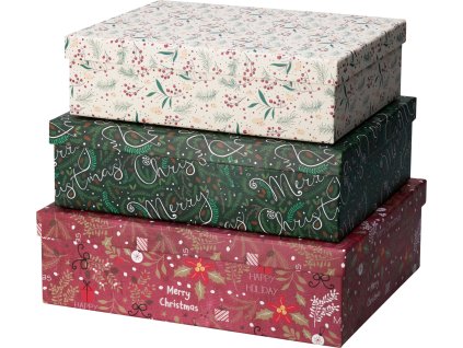 28184 sada tri stohovanych obdelnikovych darkovych krabic s vikem v klasickem vanocnim designu kremova s bobulemi nahore tmave zelena s napisem merry christmas uprostred a cervena s hvezdami dole