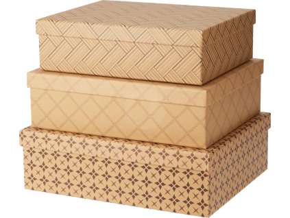 28187 sada tri stohovanych obdelnikovych darkovych krabic s vikem krabice jsou v prirodnim kraft bezovem tonu a kazda ma jiny hnedy geometricky vzor