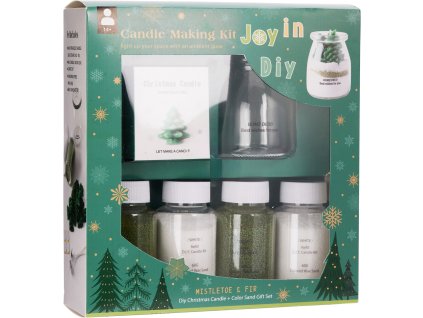 28232 1 sada pro vyrobu svicek candle making kit v zelene vanocni krabici uvnitr je sklenena nadoba baleni malych zelenych stromku na dekoraci a ctyri lahvicky s voskovymi casticemi zelene a bile vune mistletoe fir jmeli a jedle