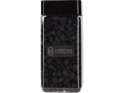 28241 pruhledna doza s cernymi dekoracnimi kameny o velikosti 1 2 cm s etiketou uprostred