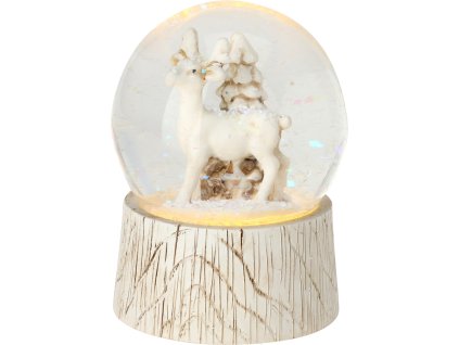 28250 vanocni snezitko vodni globus s bilou figurkou jelinka a stromeckem uvnitr stoji na anticke bile zakladne s led osvetlenim