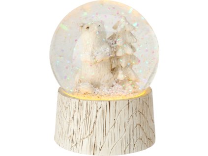 28244 1 vanocni snezitko vodni globus s bilou figurkou medveda a stromeckem uvnitr stoji na anticke bile zakladne s led osvetlenim