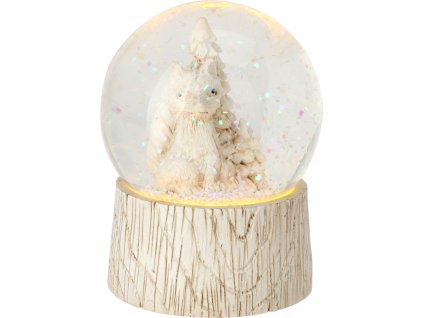 28247 2 vanocni snezitko vodni globus s bilou figurkou veverky a stromeckem uvnitr stoji na anticke bile zakladne s led osvetlenim