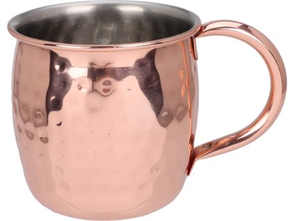 28253 nerezovy hrnek o objemu 500 ml s tepanym povrchem v leskle medene barve a pevnou rukojeti vnitrek hrnku je stribrny