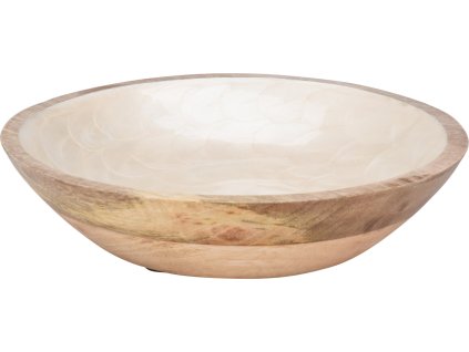 28256 dekorativni misa z prirodniho mangoveho dreva s kremovym lesklym vnitrnim smaltovanim s perletovym efektem o prumeru 23 5 cm