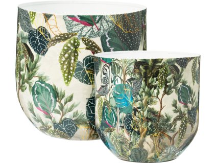 28265 sada dvou kovovych obalu na kvetinace tropico vetsi 26 cm mensi 23 cm s jednotnym potiskem tropicke dzungle