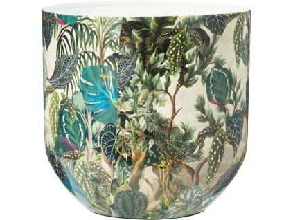 28268 1 kovovy obal na kvetinac tropico mensi ze sady s vyraznym potiskem tropickych listu prumer 23 cm