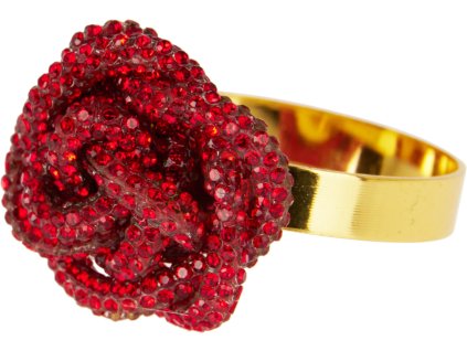 28277 detail luxusniho krouzku na ubrousky zlaty prsten s velkou cervenou kvetinou ruzi ktera je cela osazena trpytivymi cervenymi kaminky