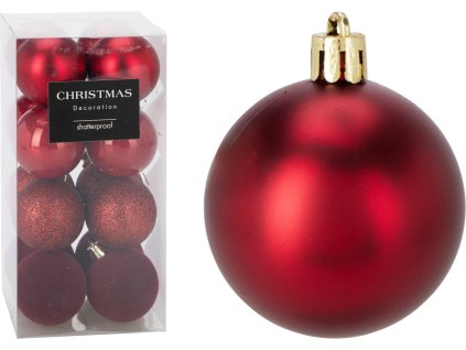 28283 2 sada 16 ks tmave cervenych vanocnich kouli 50mm v pruhledne krabici ukazujici ctyri ruzne povrchove upravy lesklou trpytivou glitter matnou a sametovou