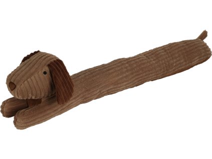 28337 1 dlouhy hnedy ochranny polstar proti pruvanu ve tvaru leziciho klobaskoveho psa jezevcika vyrobeny z zebrovaneho corduroy polyesteru s delkou 90 cm