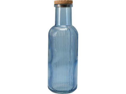 28292 1 modra sklenena lahev 1l s vertikalnim ryhovanim urcena pro napoje uzavrena korkovym vickem