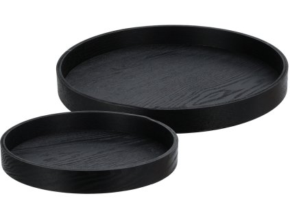 28352 sada dvou kulatych servirovacich tacu mensi 30 cm a velky 38 cm v matne cerne barve s nizkym okrajem a texturou dreva