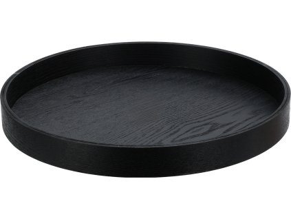 28358 1 velky kulaty servirovaci tac o prumeru 38 cm v matne cerne barve s nizkym okrajem a jemnou texturou dreva