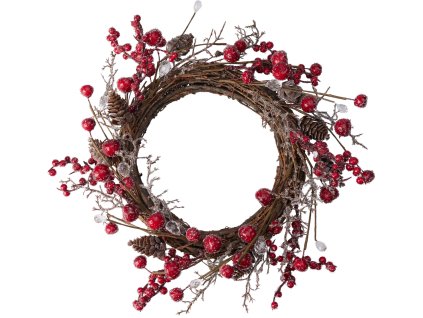 28364 vanocni dekorativni venec 30 cm s hnedym proutenym zakladem bohate zdobeny cervenymi jerabinovymi bobulemi a mrazivymi glitry