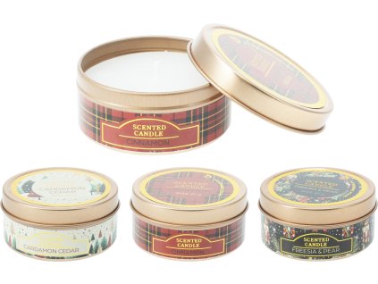 28385 set 3 ks vonnych vanocnich svicek v darkovych zlatych plechovkach s ruznymi motivy a vunemi skorice kardamon cedr frezie hruska