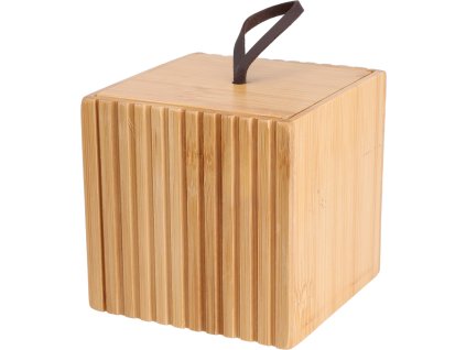 28388 mala ctvercova ulozna krabicka 9x9x9 cm z bambusu s ryhovanim vikem a kozenym poutkem