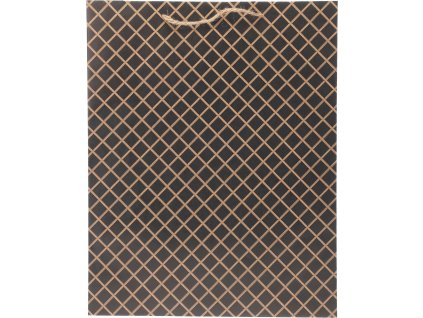 28412 1 velka papirova darkova taska 42x33 cm cerna s motivem site nebo kosoctvercu v bezove barve s provazovym uchem