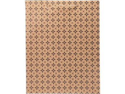 28409 velka papirova darkova taska 42x33 cm prirodni hneda s opakujicim se tmavym potiskem hvezd nebo ctyrcipych kvetu s provazovym uchem