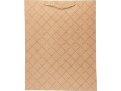 28406 velka papirova darkova taska 42x33 cm prirodni hneda s opakujicim se tmavym potiskem kosoctvercu mrizky site s provazovym uchem
