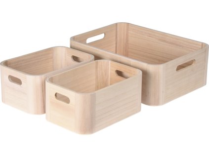 28394 2 sada tri uloznych krabic woodybox ze svetleho prirodniho dreva paulownie se zaoblenymi rohy dve mensi a jedna vetsi krabice