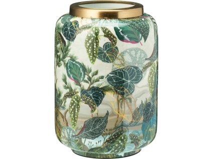 28262 kovova vaza tropico s valcovitym tvarem s potiskem zelenych a modrych tropickych listu a sirokym lesklym zlatym okrajem