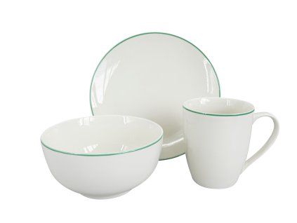 27512 tridilny snidanovy porcelanovy set by inspire milo s tlumenou zelenou linkou obsahuje talir 19 cm misku 14 cm a hrnek 250 ml baleno v darkove krabicce