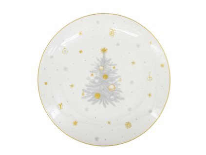 27497 bily porcelanovy melky talir stribrna koleda z kolekce by inspire s detailnim vanocnim motivem stromku hvezdicek a zvonecku ve stribrne a zlate barve