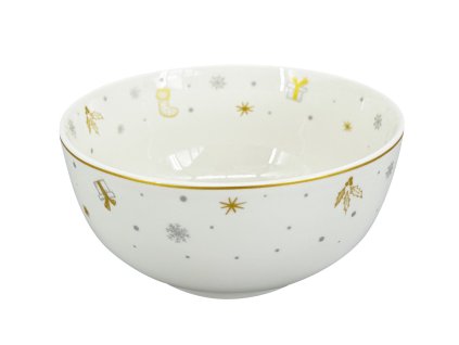 27509 bila porcelanova miska stribrna koleda s drobnym motivem vanocnich zvonecku darku a hvezdicek ve stribrne a zlate barve