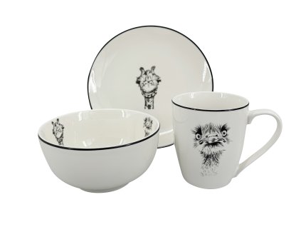 28430 tridilny snidanovy porcelanovy set by inspire afrika s cernobilym motivem pstrosa a zirafy a cernou linkou obsahuje talir 19 cm misku 14 cm a hrnek 250 ml